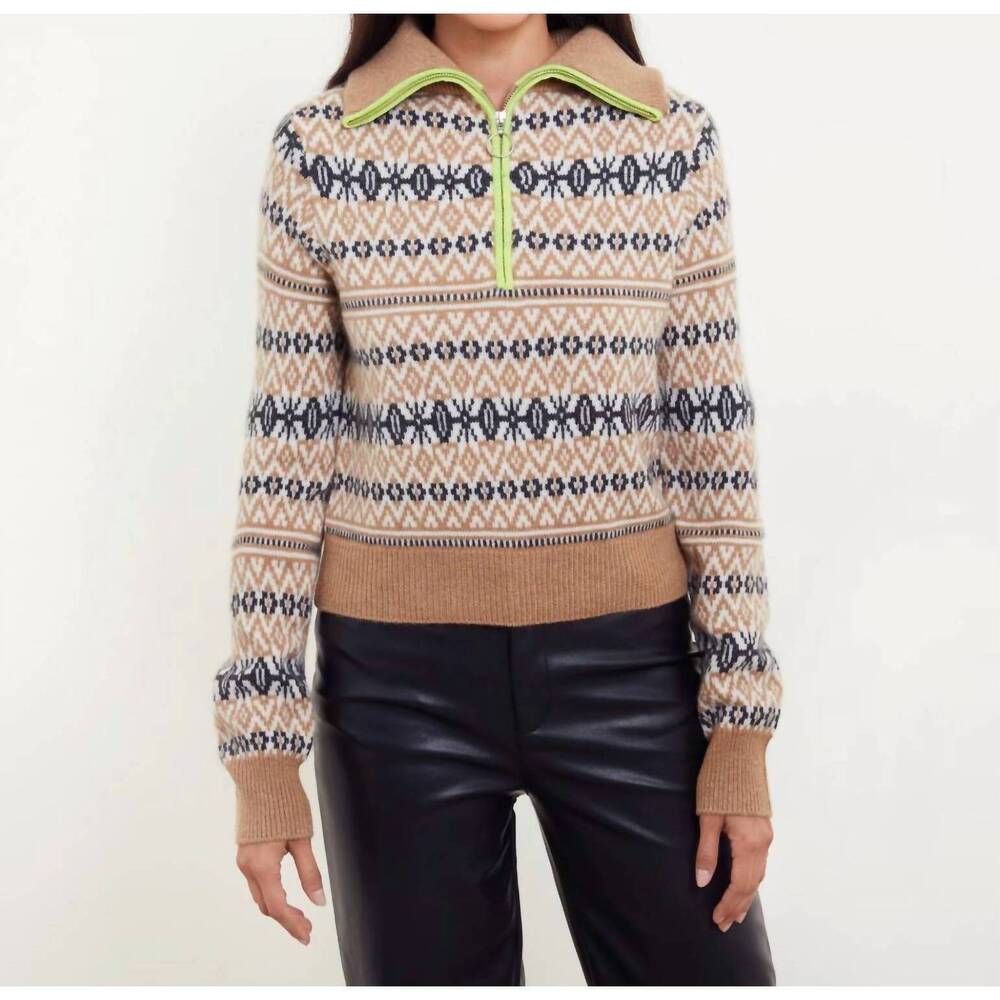 NEW &ISLA asher fairisle quarter zip sweater in almond multi